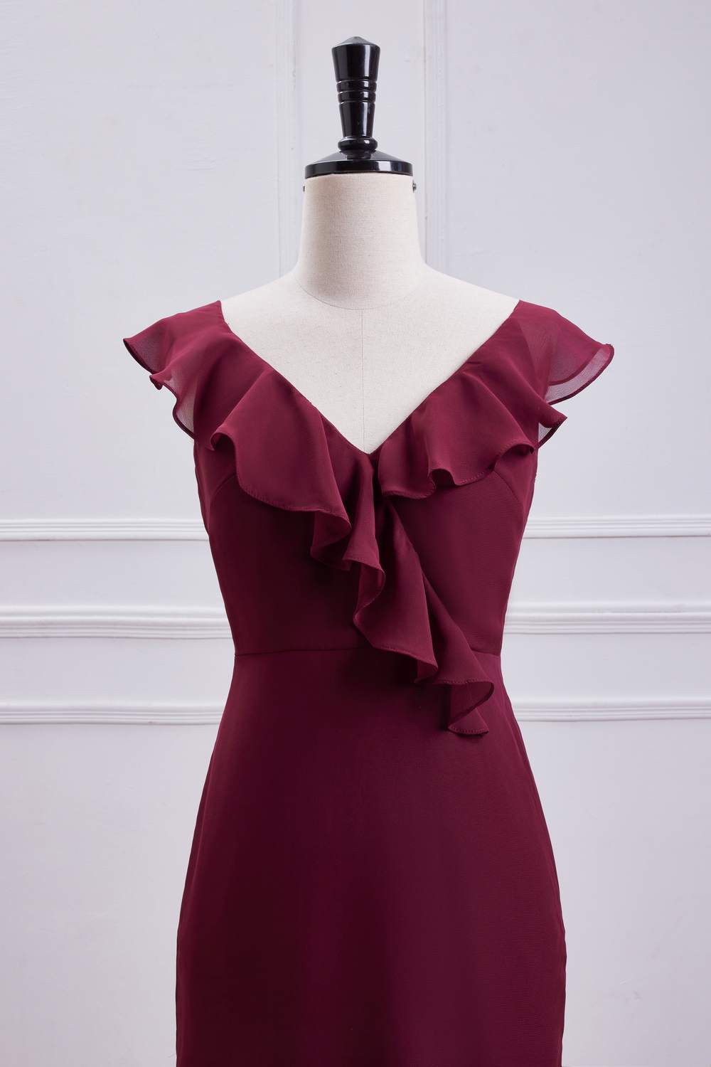 V-Neck Wine Red Ruffled Mermaid Long Bridesmaid Dress