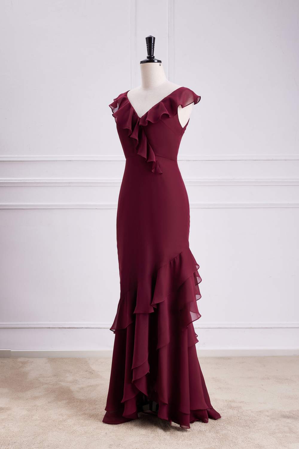 V-Neck Wine Red Ruffled Mermaid Long Bridesmaid Dress