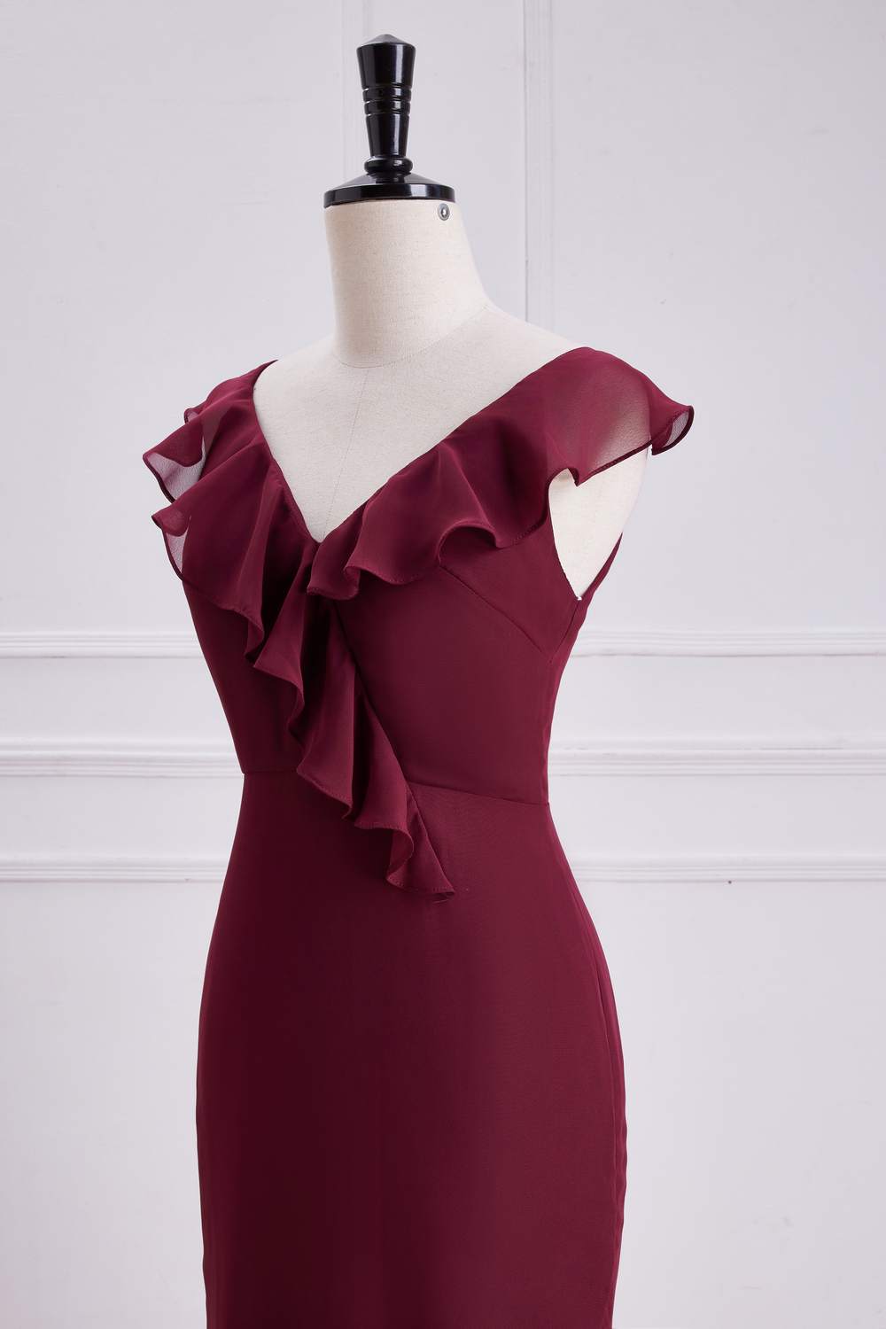 V-Neck Wine Red Ruffled Mermaid Long Bridesmaid Dress