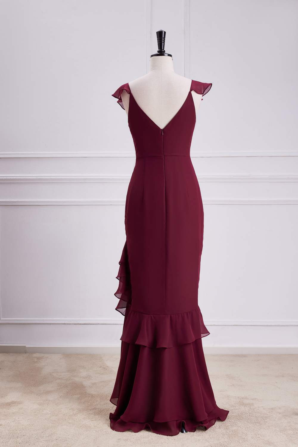 V-Neck Wine Red Ruffled Mermaid Long Bridesmaid Dress