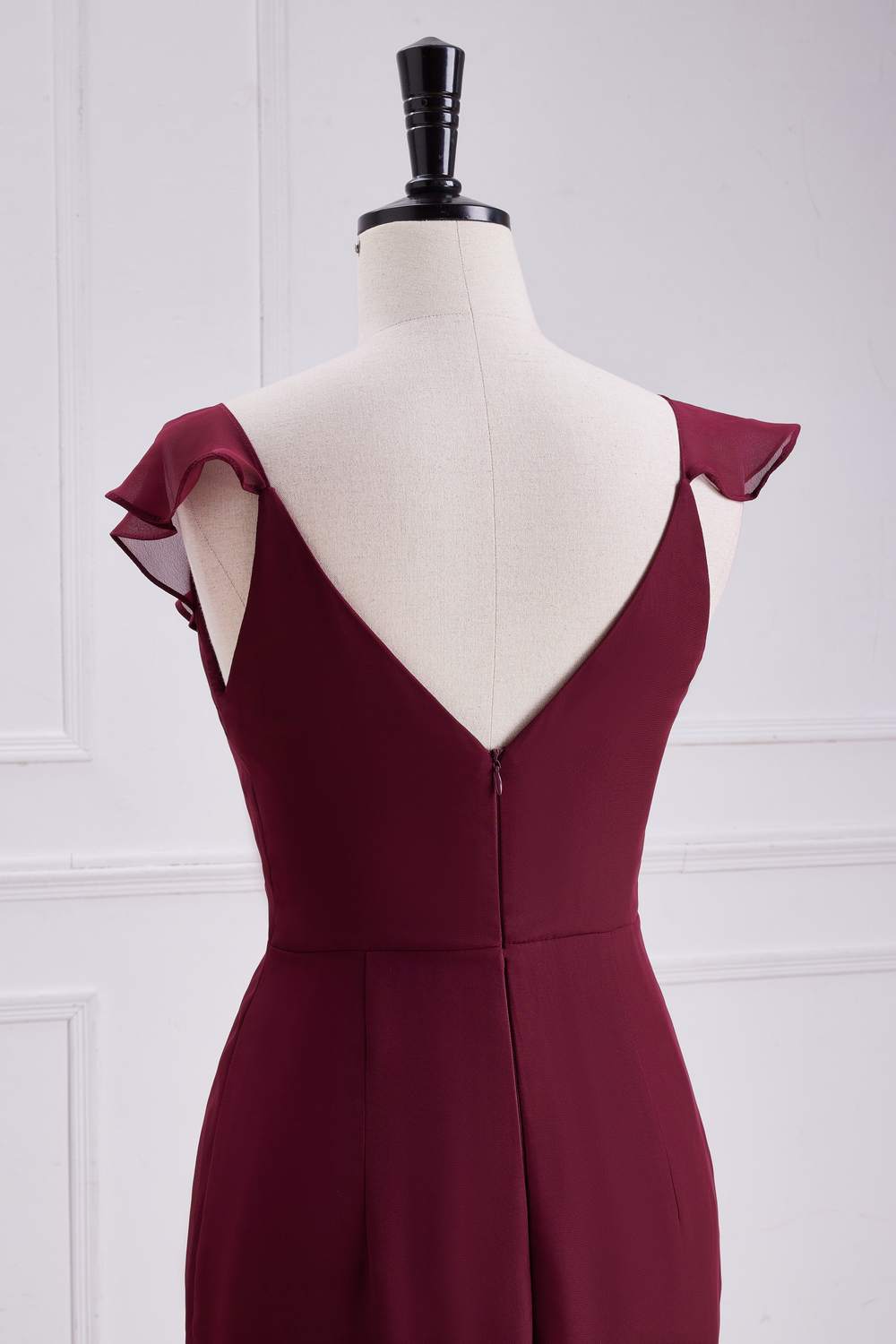 V-Neck Wine Red Ruffled Mermaid Long Bridesmaid Dress