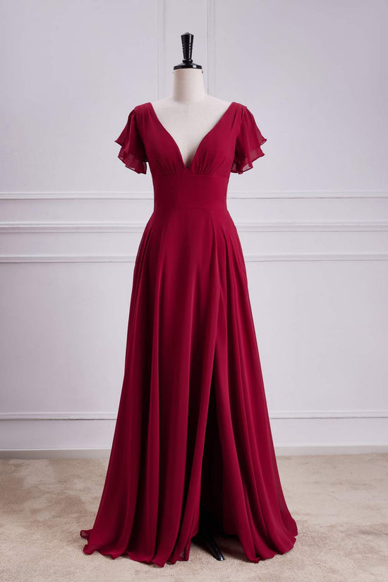 V-Neck Red Flaunt Sleeves Chiffon A-line Slit Long Bridesmaid Dress