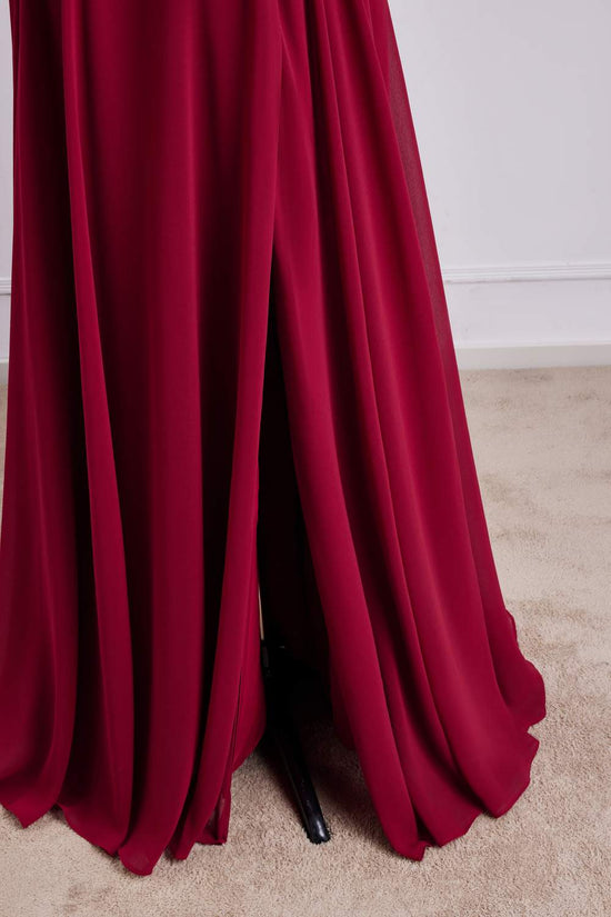 V-Neck Red Flaunt Sleeves Chiffon A-line Slit Long Bridesmaid Dress