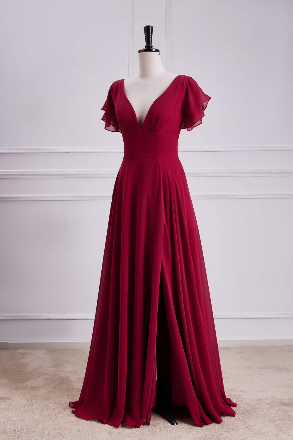 V-Neck Red Flaunt Sleeves Chiffon A-line Slit Long Bridesmaid Dress