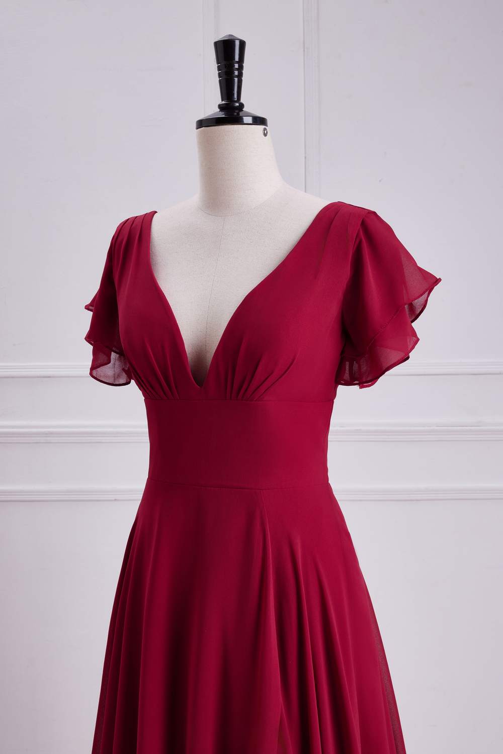 V-Neck Red Flaunt Sleeves Chiffon A-line Slit Long Bridesmaid Dress