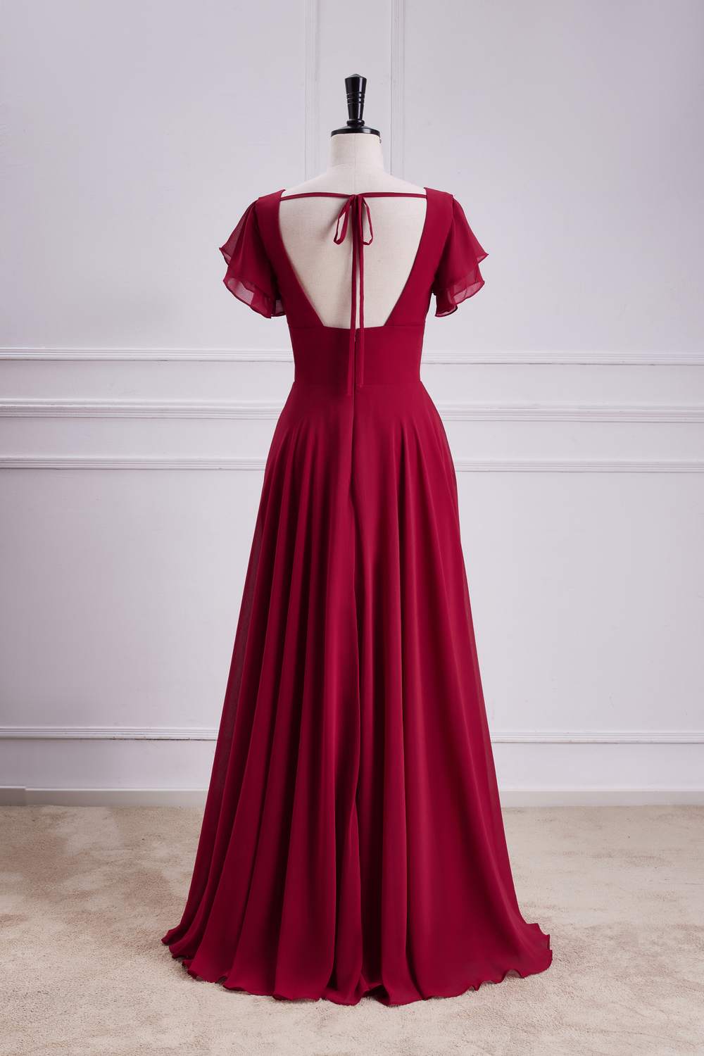 V-Neck Red Flaunt Sleeves Chiffon A-line Slit Long Bridesmaid Dress