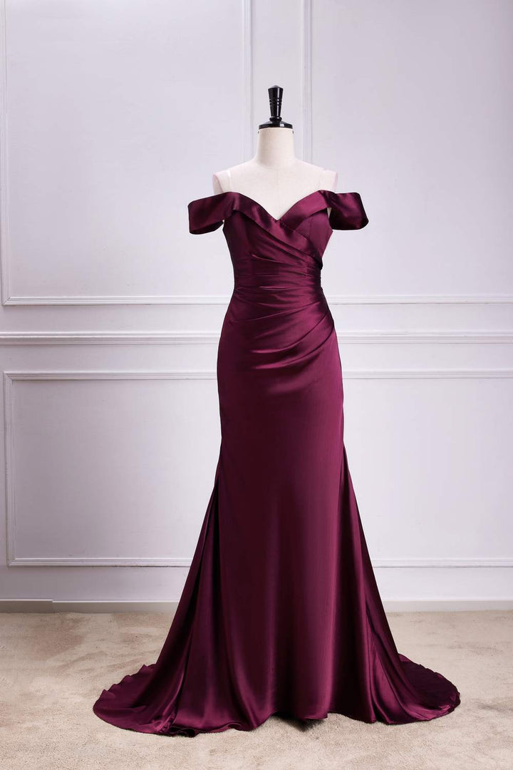 Off-Shoulder Raspberry Satin Mermaid Long Bridesmaid Dress