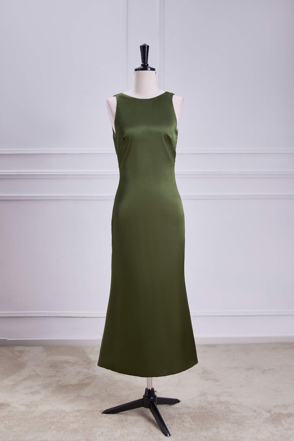 Sleeveless Olive Satin Bow Tie Mermaid Bridesmaid Dress