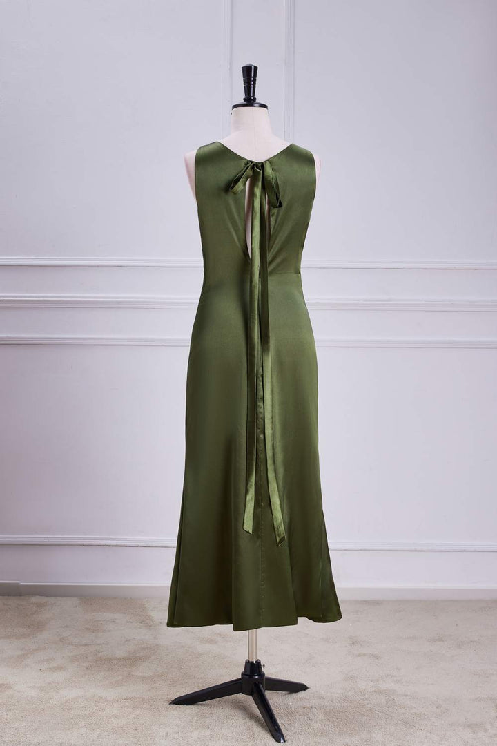 Sleeveless Olive Satin Bow Tie Mermaid Bridesmaid Dress