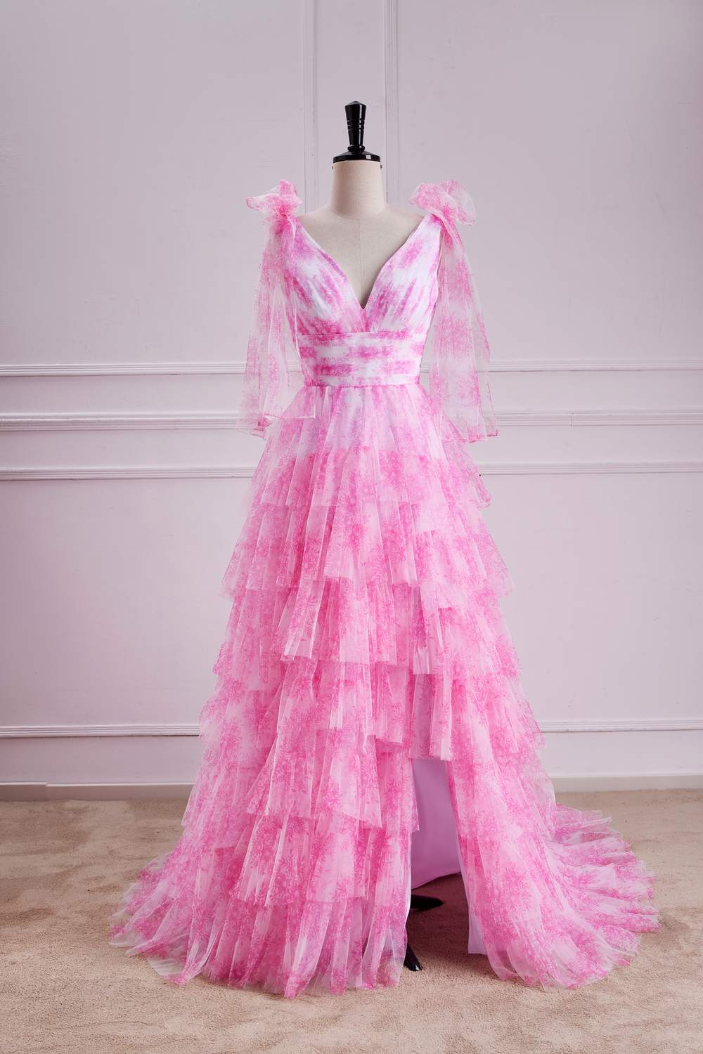 Deep V-Neck Pink Floral Bow Tie Straps Layers Slit Long Prom Dress – Movousdress Deep V-Neck Pink Floral Bow Tie Straps Layers Slit Long Prom Dress – Movousdress