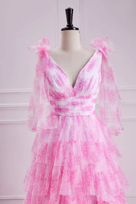 Pink Bow Tie Straps Layered Tulle Prom Dress with Slit