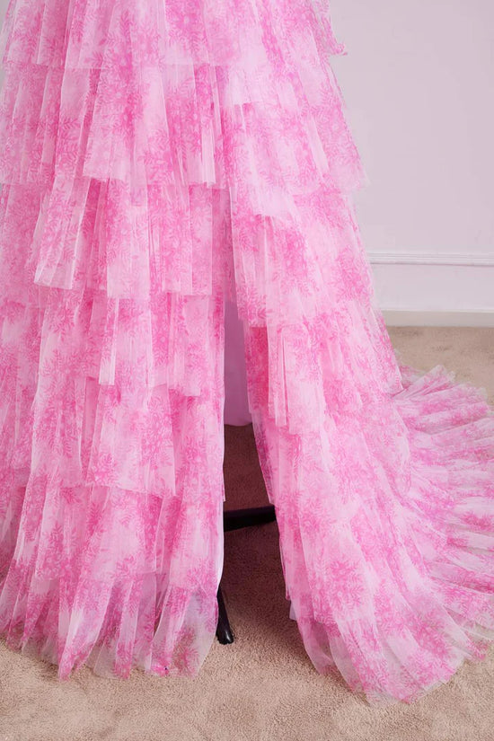 Pink Bow Tie Straps Layered Tulle Prom Dress with Slit