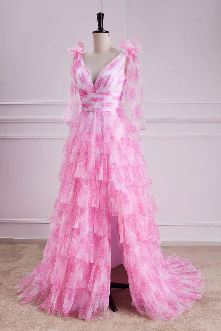 Pink Bow Tie Straps Layered Tulle Prom Dress with Slit