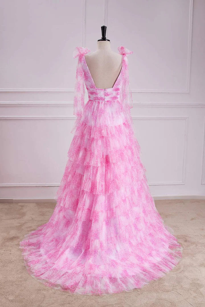 Pink Bow Tie Straps Layered Tulle Prom Dress with Slit