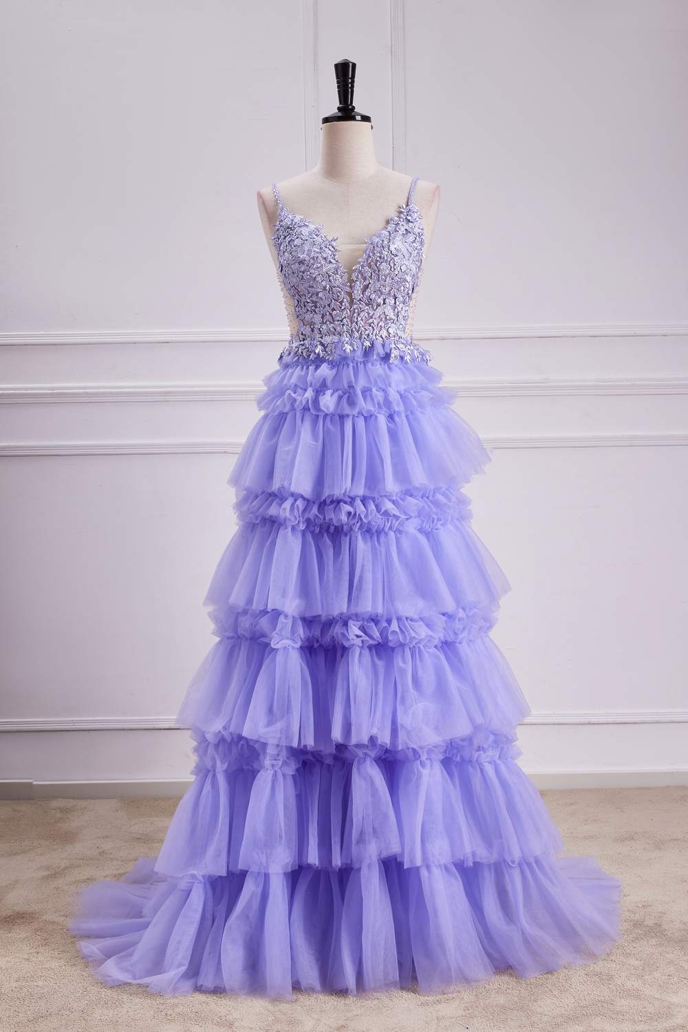 V-Neck Lavender Lace Appliques Ruffle A-line Long Prom Dress