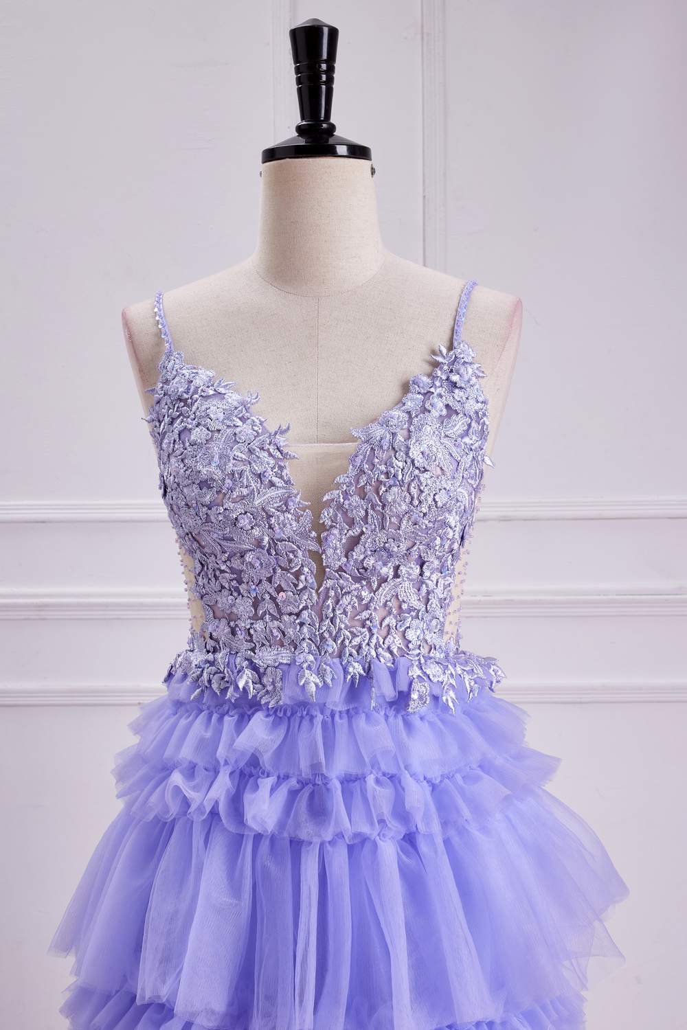 V-Neck Lavender Lace Appliques Ruffle A-line Long Prom Dress