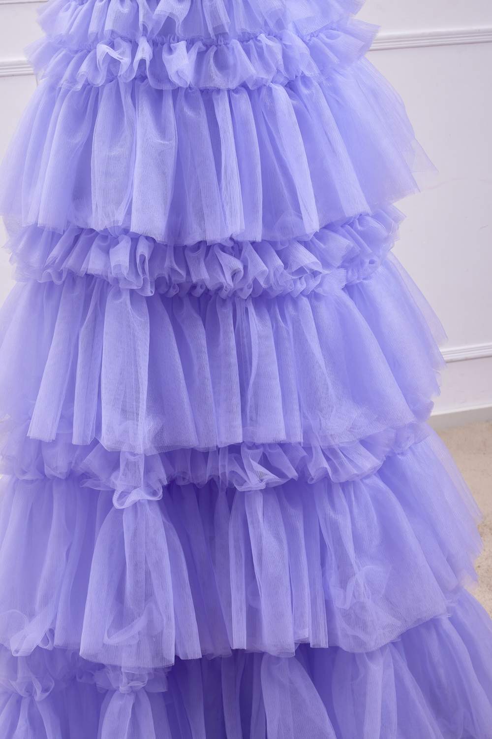 V-Neck Lavender Lace Appliques Ruffle A-line Long Prom Dress