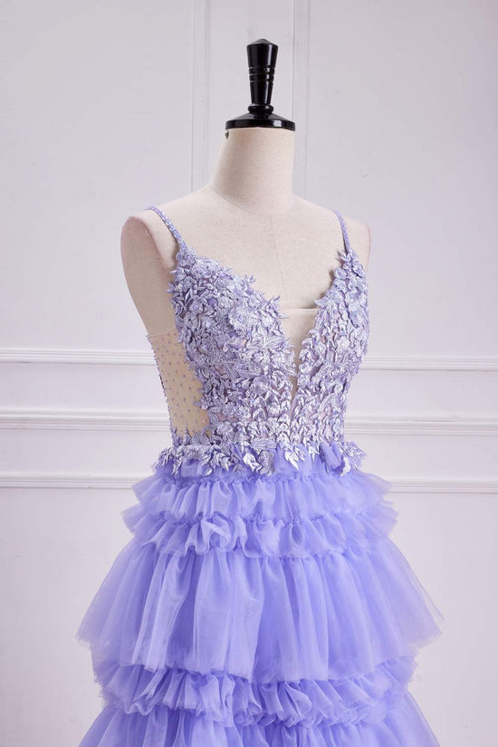 V-Neck Lavender Lace Appliques Ruffle A-line Long Prom Dress