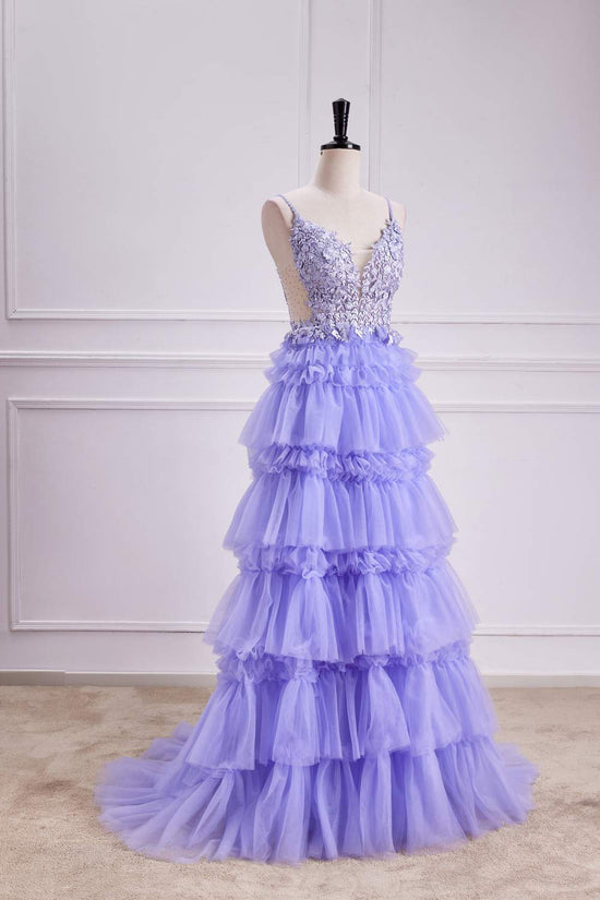 V-Neck Lavender Lace Appliques Ruffle A-line Long Prom Dress