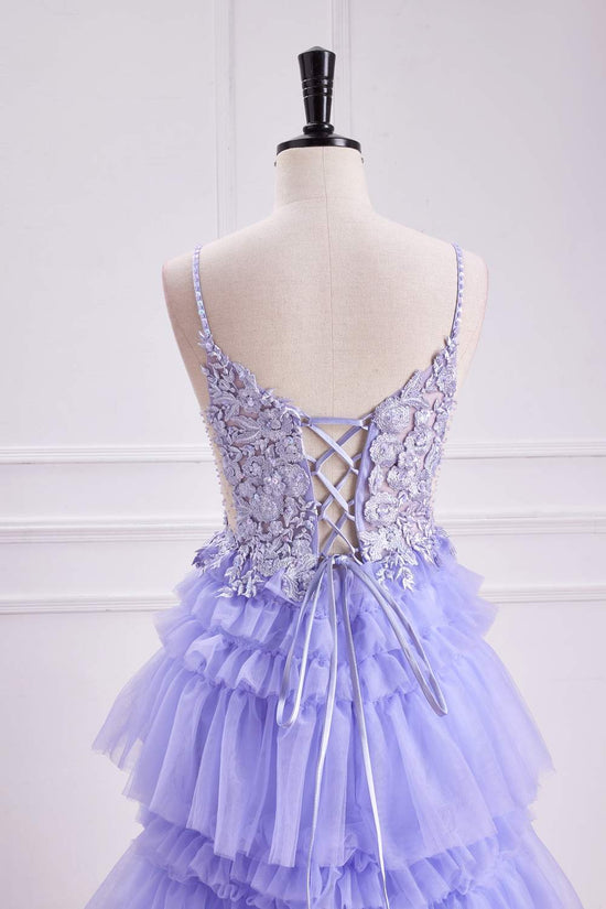 V-Neck Lavender Lace Appliques Ruffle A-line Long Prom Dress