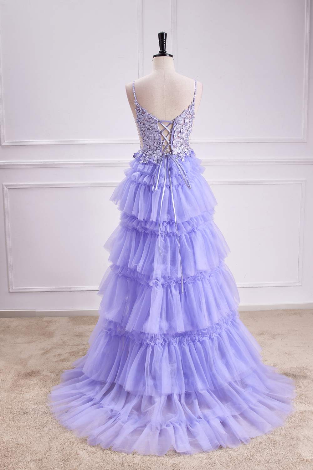 V-Neck Lavender Lace Appliques Ruffle A-line Long Prom Dress