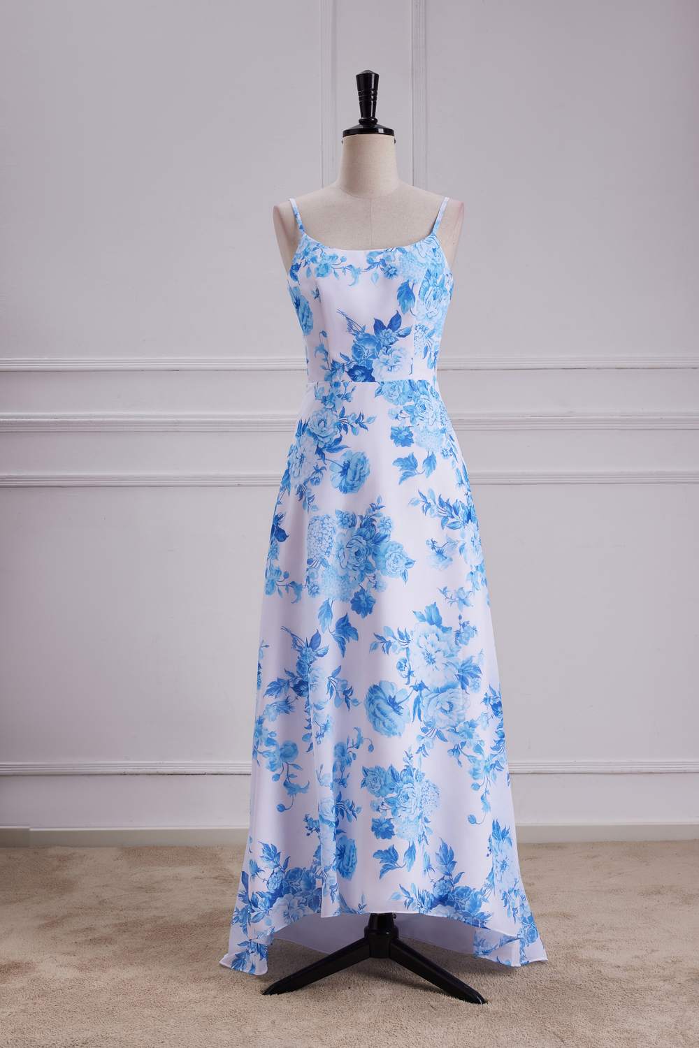 Straps Blue Floral  Chiffon A-line Long Bridesmaid Dress