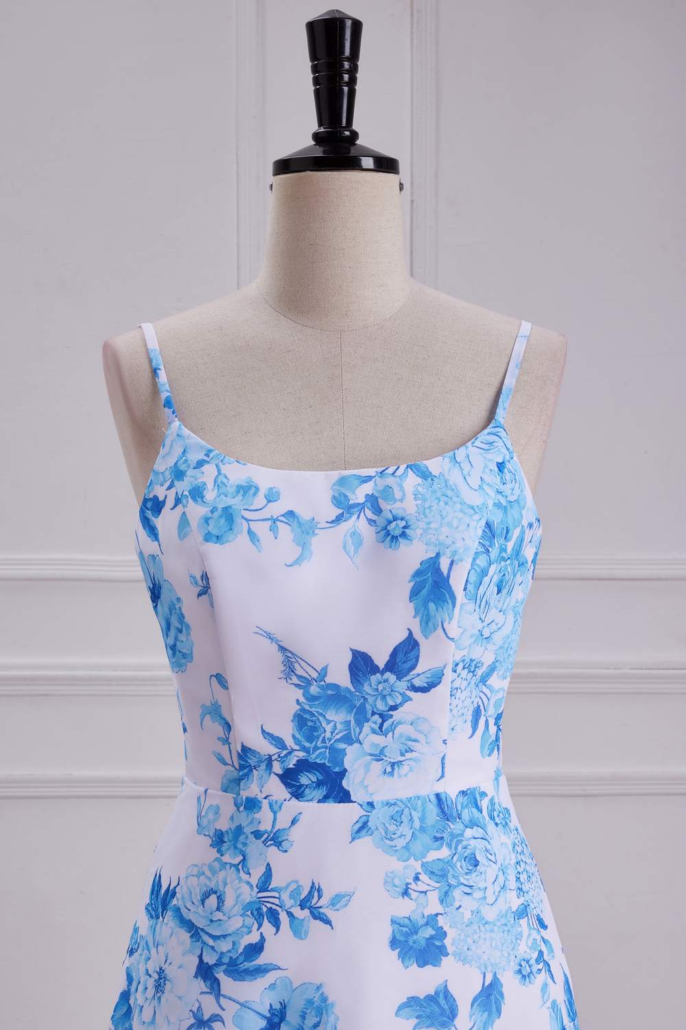 Straps Blue Floral  Chiffon A-line Long Bridesmaid Dress