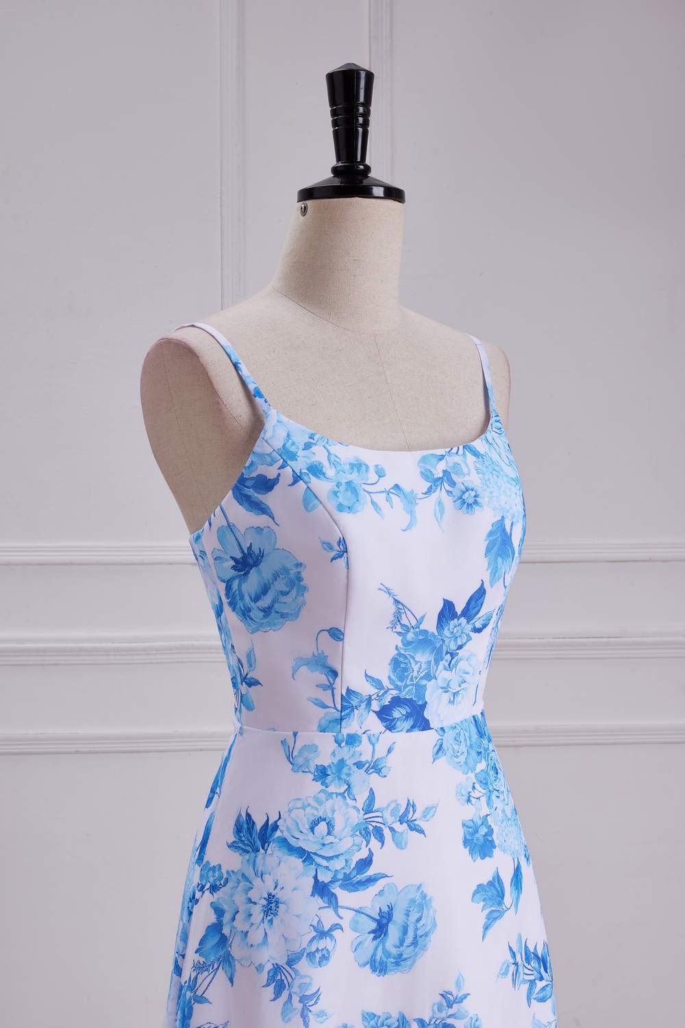 Straps Blue Floral  Chiffon A-line Long Bridesmaid Dress