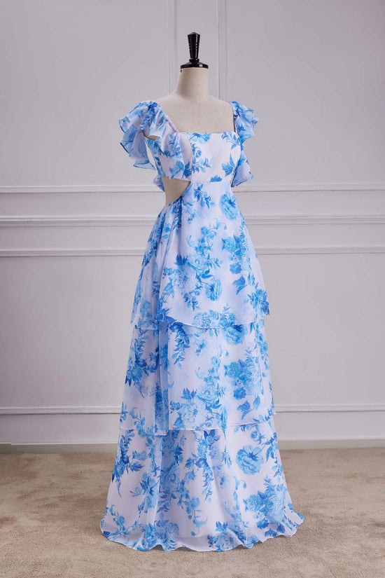 Flutter Sleeves Blue Floral  A-line Long Bridesmaid Dress