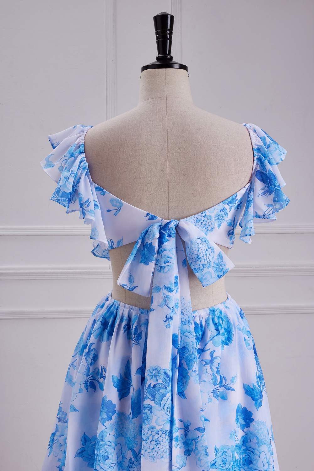 Flutter Sleeves Blue Floral  A-line Long Bridesmaid Dress