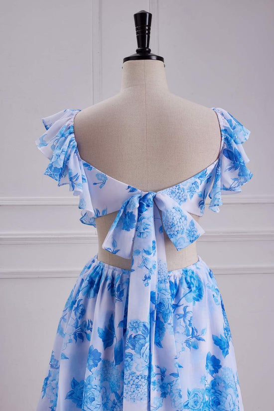 Flutter Sleeves Blue Floral  A-line Long Bridesmaid Dress