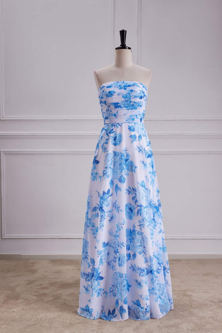 Strapless Blue Floral Chiffon A-line Long Bridesmaid Dress