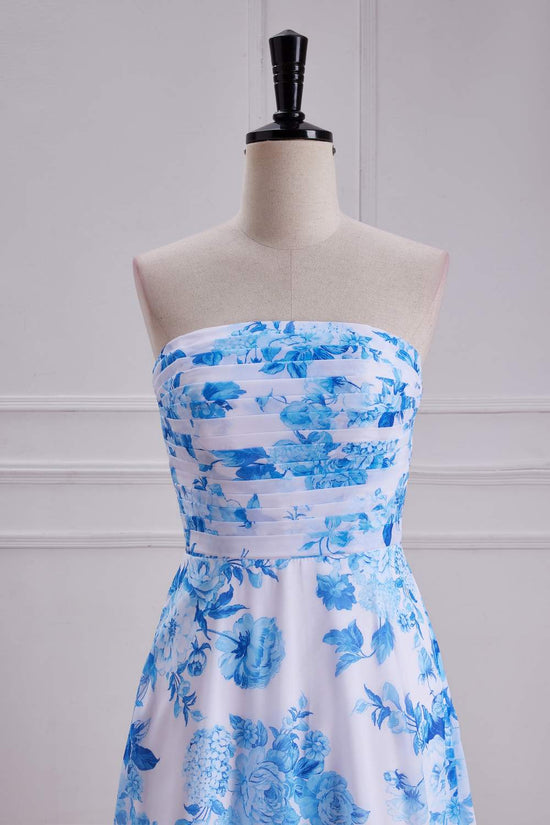 Strapless Blue Floral Chiffon A-line Long Bridesmaid Dress