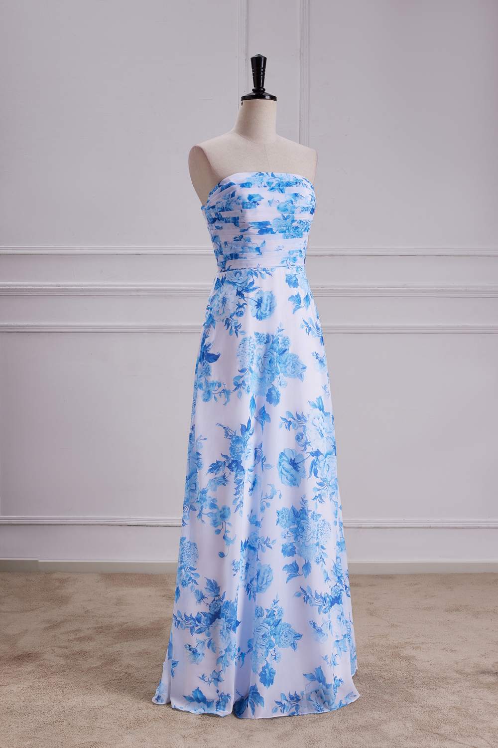 Strapless Blue Floral Chiffon A-line Long Bridesmaid Dress