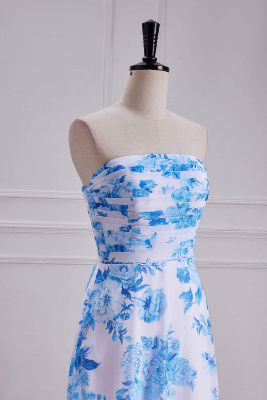 Strapless Blue Floral Chiffon A-line Long Bridesmaid Dress