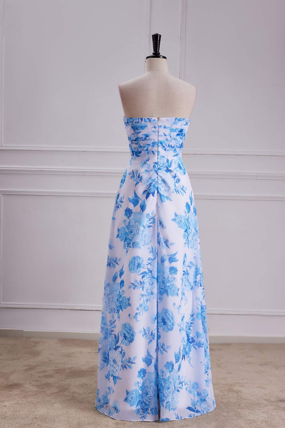 Strapless Blue Floral Chiffon A-line Long Bridesmaid Dress