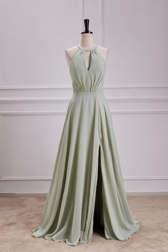 Chiffon Halter Dusty Sage A-line Slit Long Bridesmaid Dress