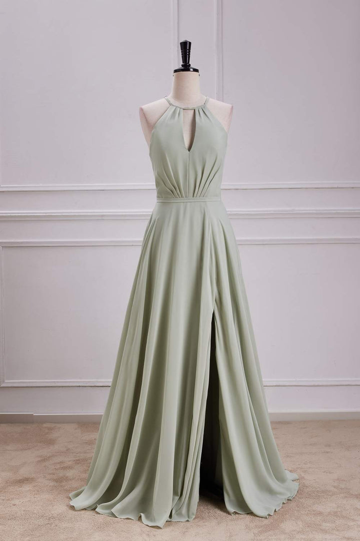 Chiffon Halter Dusty Sage A-line Slit Long Bridesmaid Dress