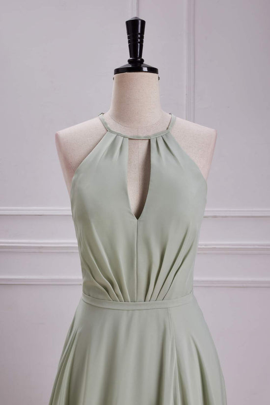 Chiffon Halter Dusty Sage A-line Slit Long Bridesmaid Dress