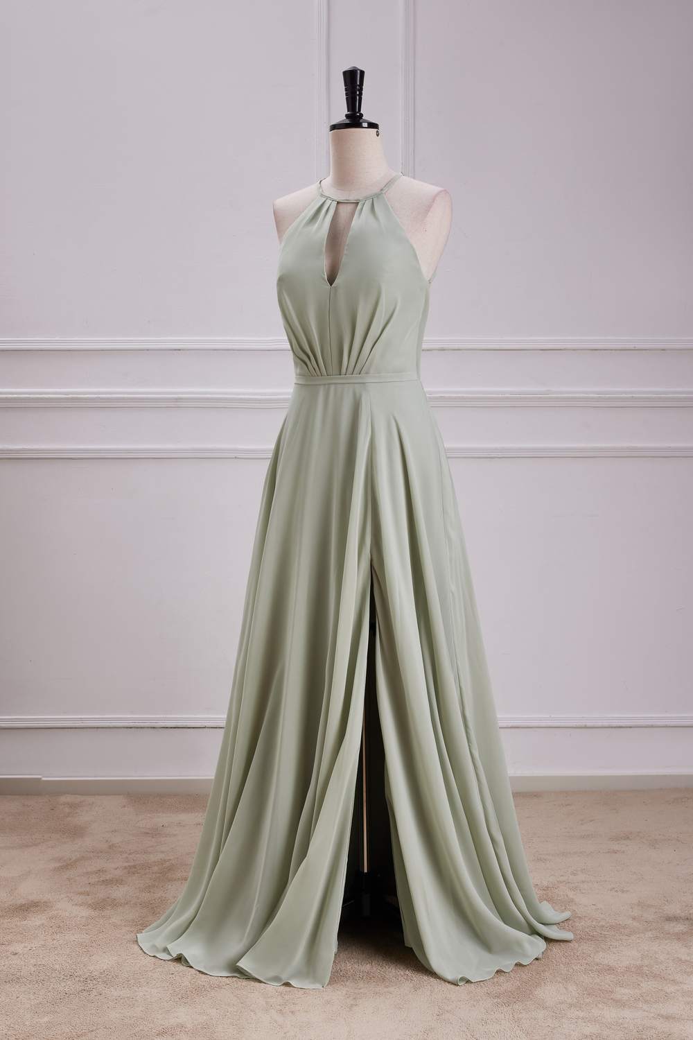 Chiffon Halter Dusty Sage A-line Slit Long Bridesmaid Dress