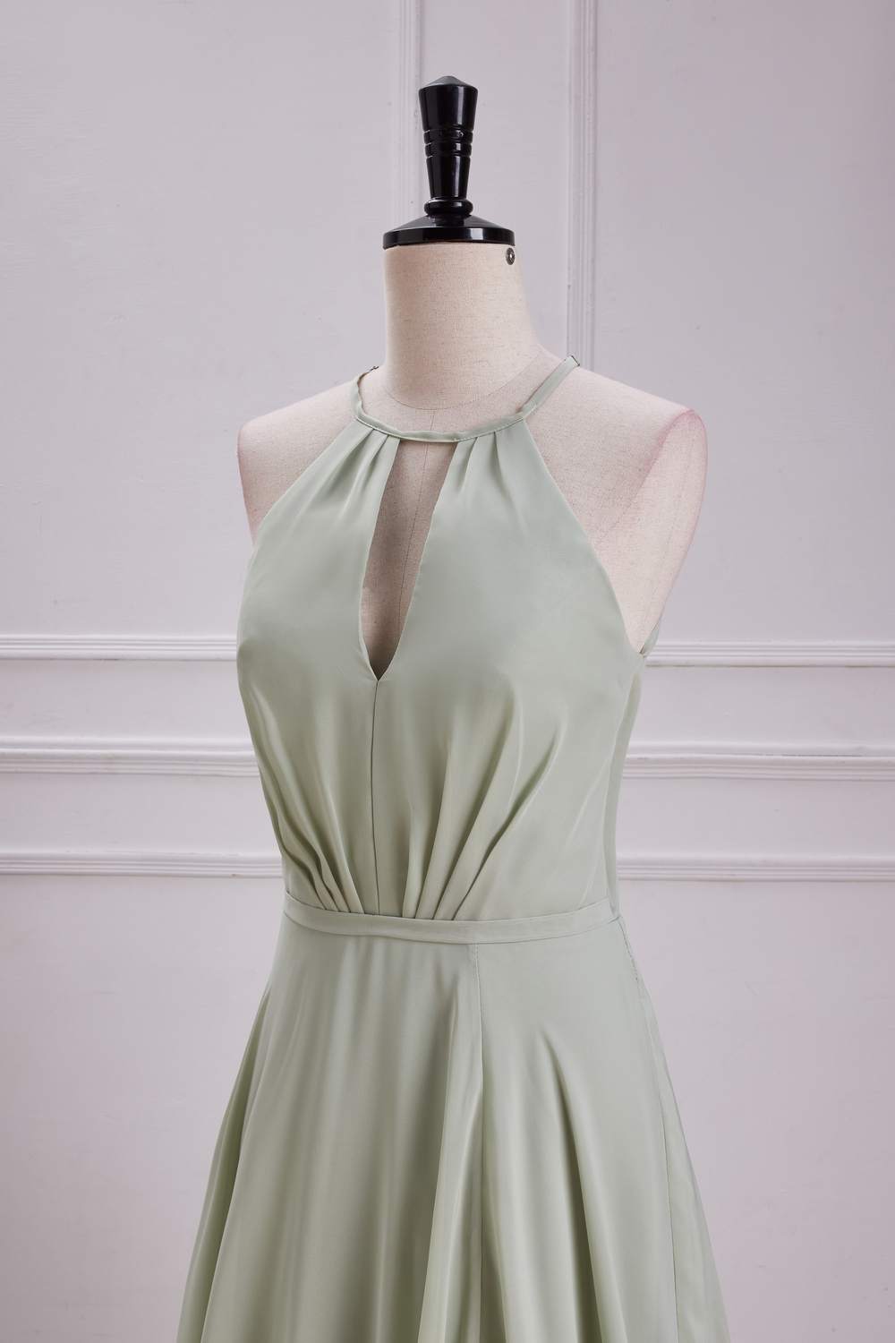 Chiffon Halter Dusty Sage A-line Slit Long Bridesmaid Dress