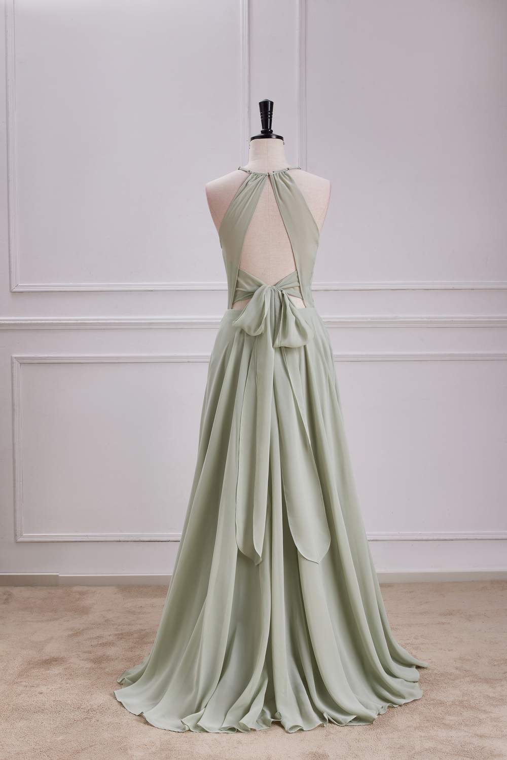 Chiffon Halter Dusty Sage A-line Slit Long Bridesmaid Dress