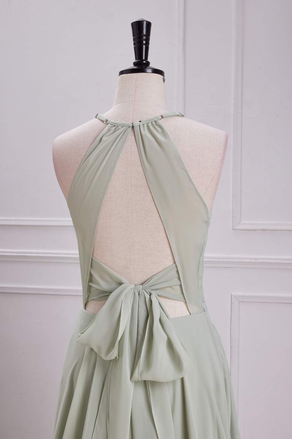 Chiffon Halter Dusty Sage A-line Slit Long Bridesmaid Dress