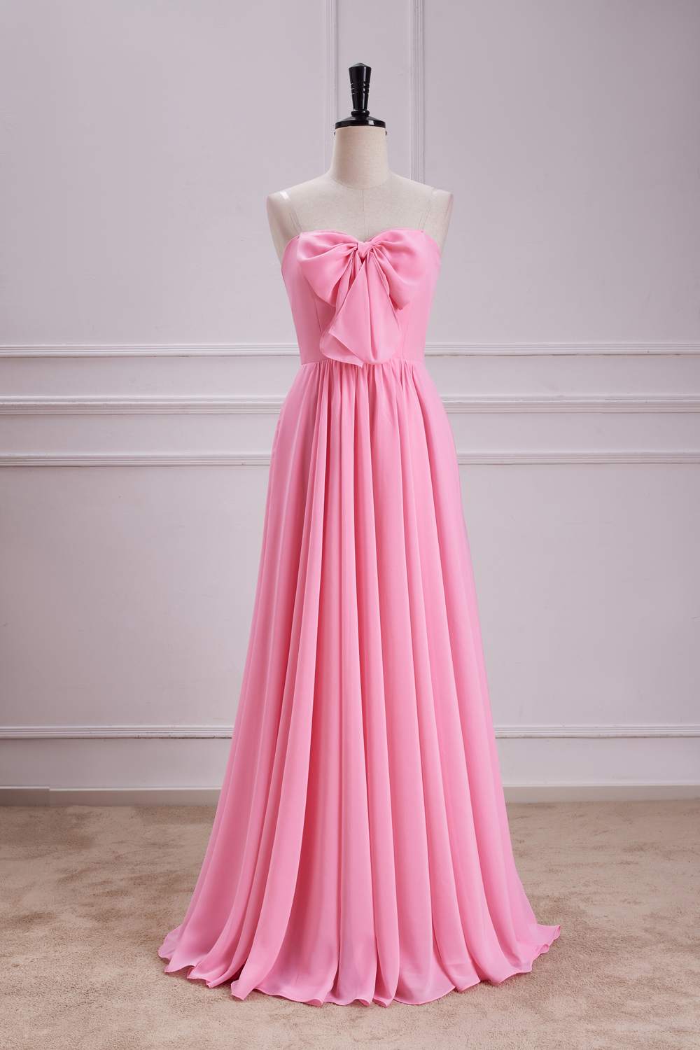 Chiffon Strapless Candy Pink Bow  A-line Long Bridesmaid Dress