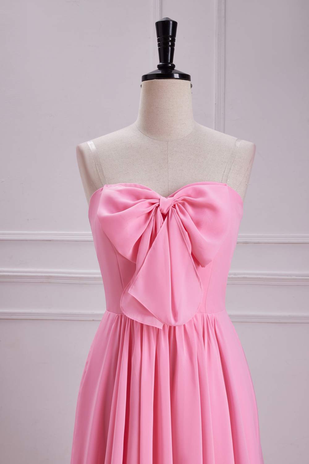 Chiffon Strapless Candy Pink Bow  A-line Long Bridesmaid Dress