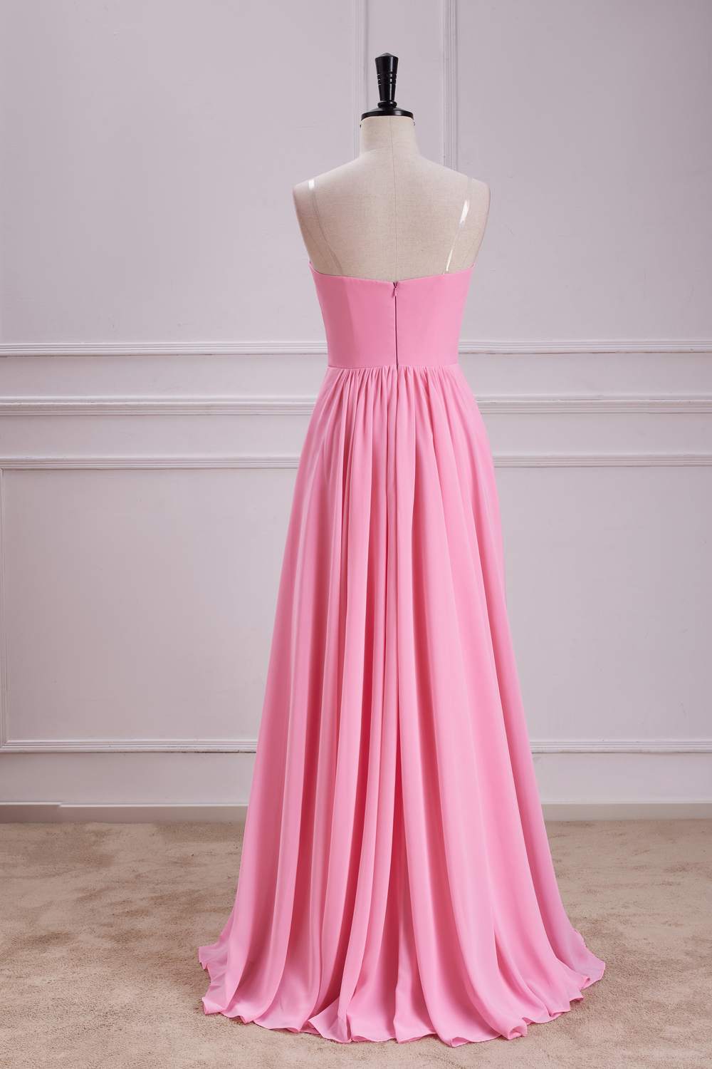 Chiffon Strapless Candy Pink Bow  A-line Long Bridesmaid Dress