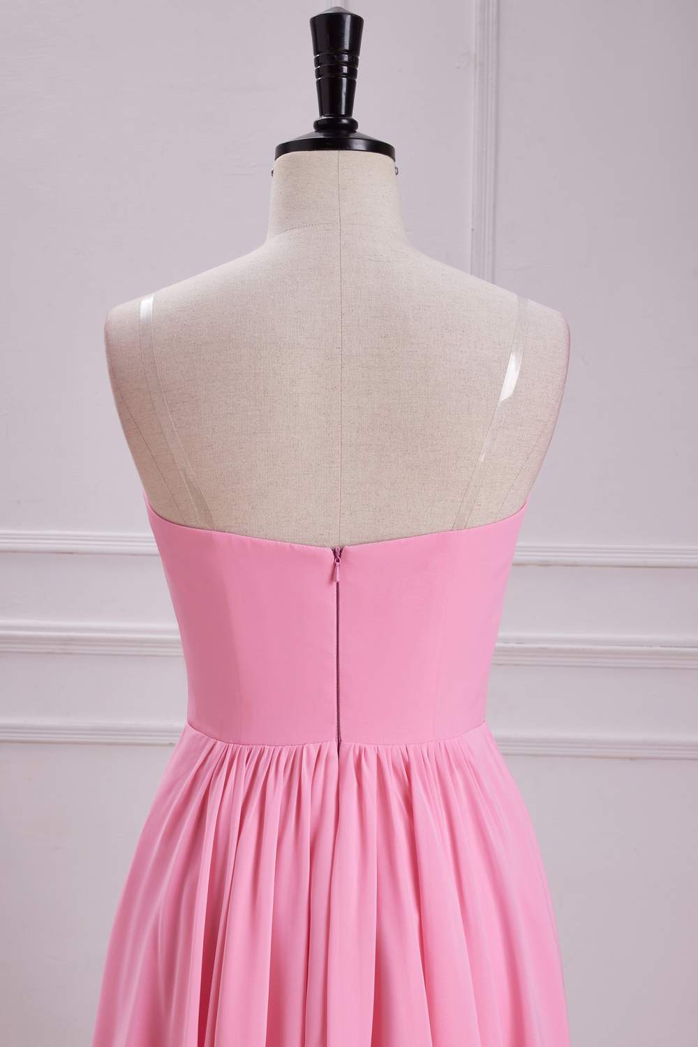 Chiffon Strapless Candy Pink Bow  A-line Long Bridesmaid Dress