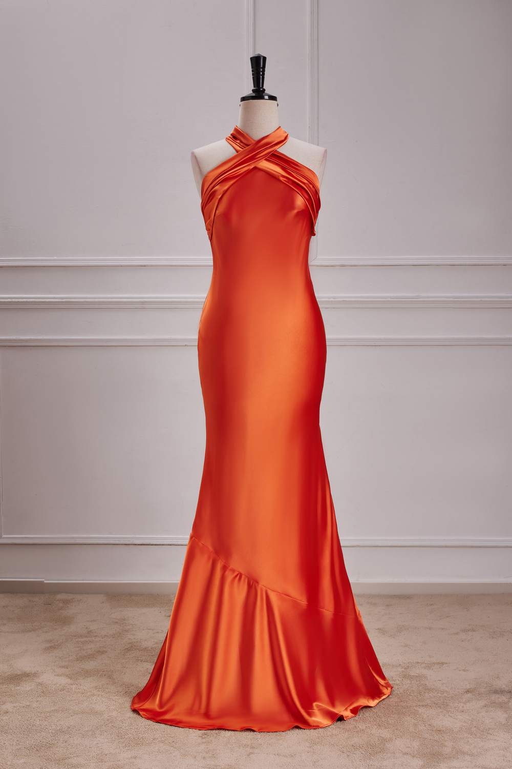 Orange Cross-Front Bow Tie Halter Satin Mermaid Long Bridesmaid Dress