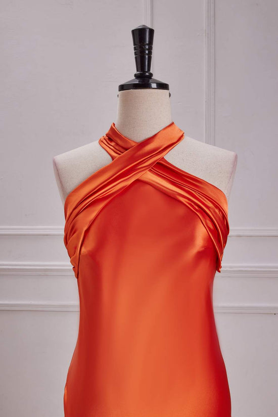 Orange Cross-Front Bow Tie Halter Satin Mermaid Long Bridesmaid Dress