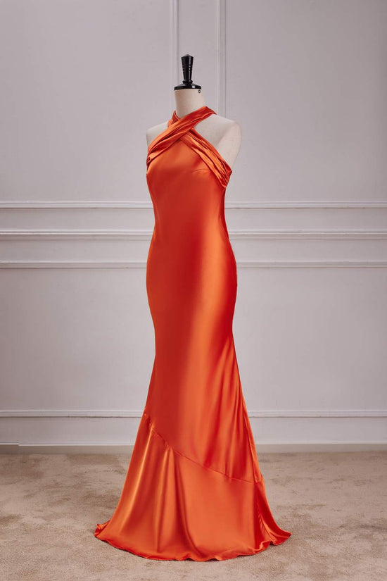 Orange Cross-Front Bow Tie Halter Satin Mermaid Long Bridesmaid Dress